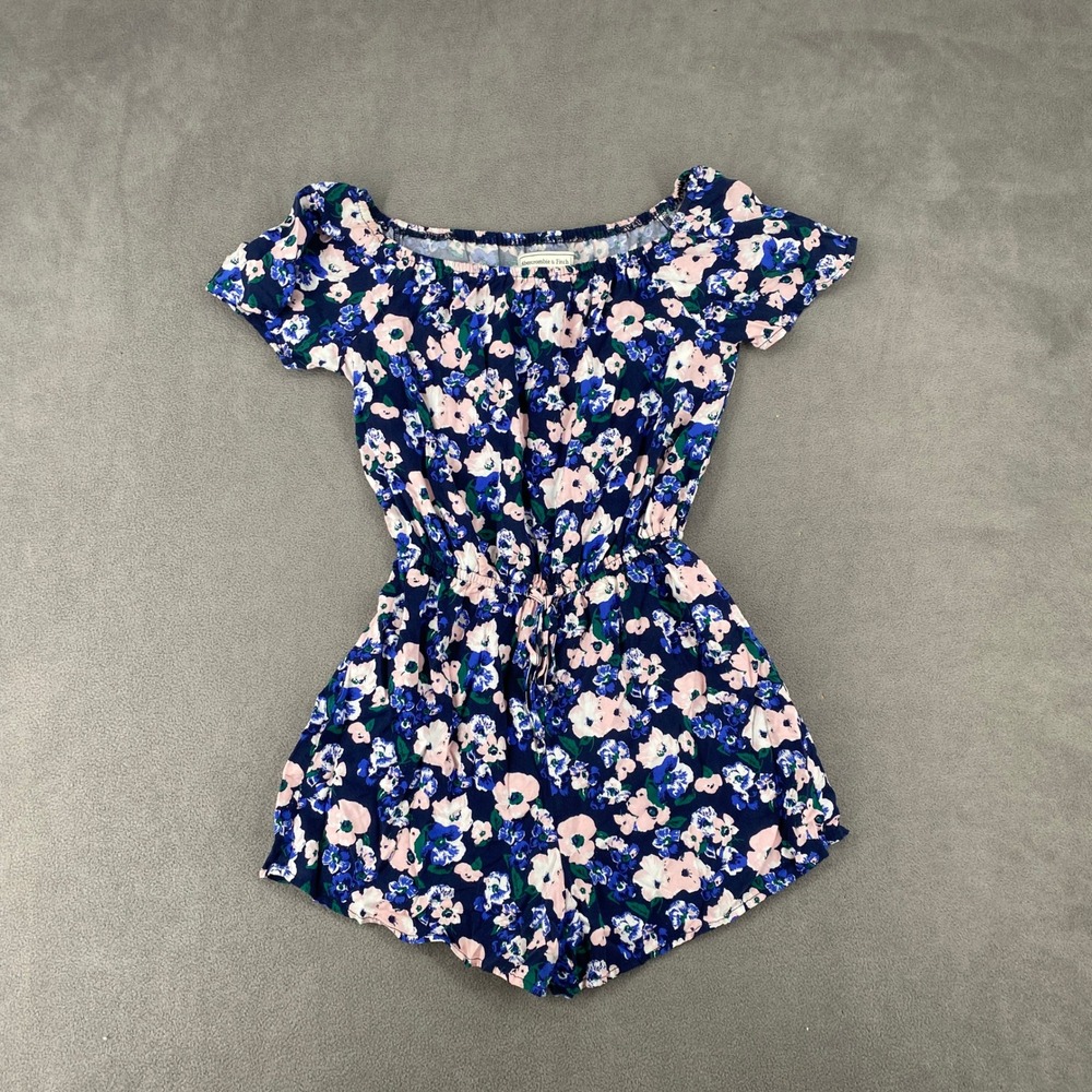 Abercrombie & Fitch Floral Romper Navy Blue Pink Off Shoulder Summer Small 5878